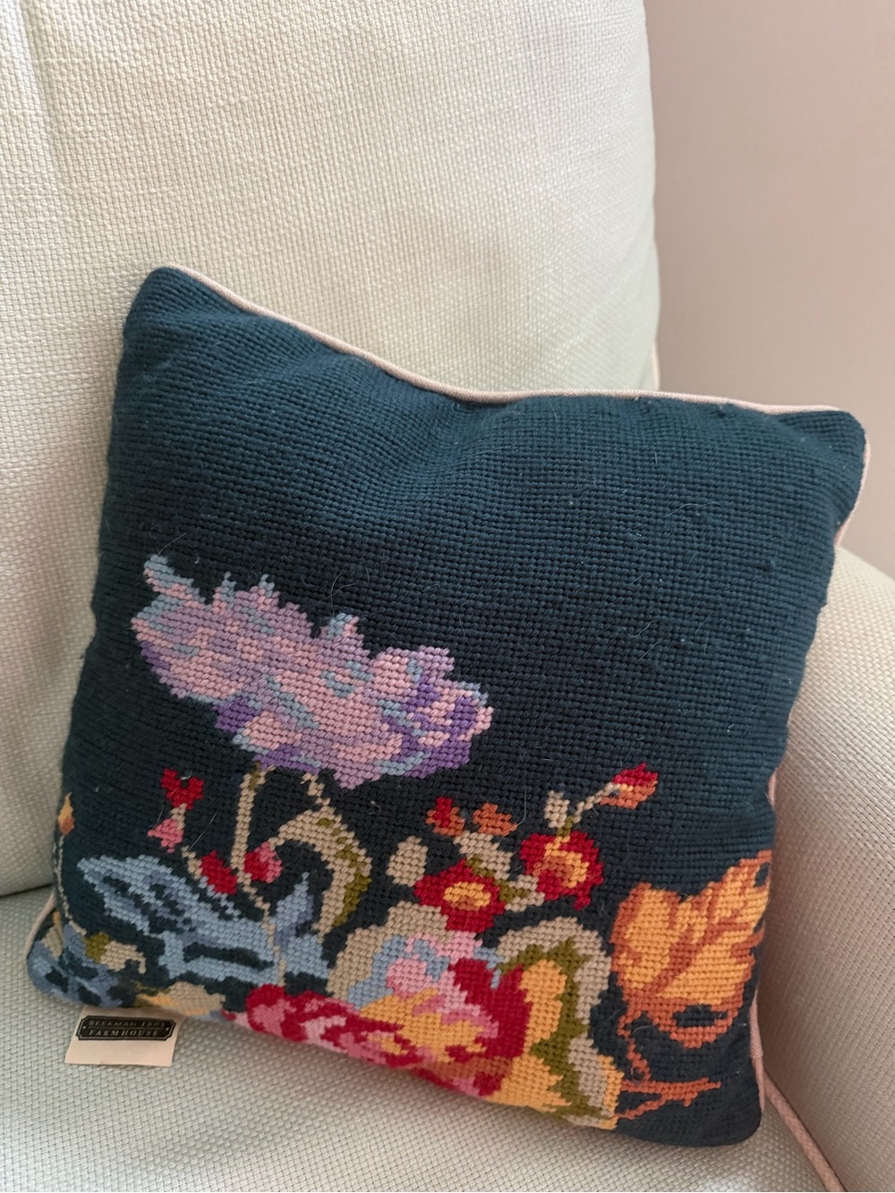 Farmhouse Wool Floral Needlepoint Pillow - Blue 11”